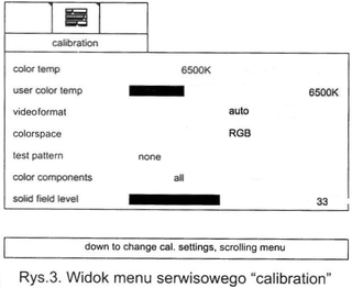widok menu serwisowego calibration